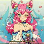 1girl ahri_(league_of_legends) animal_ears bangs bell bow breasts cleavage english_text fox_ears fox_tail green_bow grin hair_bell hair_bow hair_ornament hands_up index_finger_raised japanese_clothes kimono large_breasts league_of_legends long_hair mcmugget one_eye_closed petals shiny shiny_hair shiny_skin smile solo spirit_blossom_ahri subtitled tail teeth 