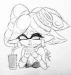  1girl bare_shoulders bendy_straw breasts cleavage cross-shaped_pupils cup detached_collar drinking_straw earrings hands_up interlocked_fingers isamu-ki_(yuuki) jewelry marie_(splatoon) medium_breasts monochrome non-web_source parted_lips pointy_ears short_hair simple_background solo splatoon_(series) splatoon_1 suction_cups tentacle_hair traditional_media white_background 