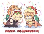  1girl anniversary armlet ayyk92 blonde_hair blue_eyes bowser bowser_(cosplay) bowsette bowsette_(cosplay) bracelet chibi cosplay crown dress dual_persona full_body horns jewelry leaning_forward looking_at_viewer mario_(series) new_super_mario_bros._u_deluxe sharp_teeth spiked_armlet spiked_bracelet spiked_shell spiked_tail spikes standing strapless strapless_dress super_crown tail teeth turtle_shell v-shaped_eyebrows 
