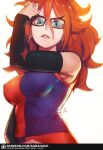  1girl android_21 aurahack black-framed_eyewear breasts detached_sleeves dragon_ball dragon_ball_fighterz earrings glasses hoop_earrings impossible_clothes jewelry long_hair looking_at_viewer medium_breasts smile solo upper_body 
