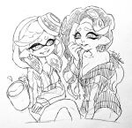  2girls alternate_costume alternate_hairstyle breasts cephalopod_eyes cleavage cup drawstring earrings furrowed_brow grin hair_down hand_up holding holding_cup hood hood_up horizontal_pupils isamu-ki_(yuuki) jewelry long_hair long_sleeves looking_at_another marie_(splatoon) marina_(splatoon) medium_breasts mole mole_under_eye mole_under_mouth monochrome mug multiple_girls octarian pointy_ears simple_background smile splatoon_(series) suction_cups teeth tentacle_hair traditional_media white_background 