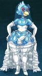  annoyed anthro beak blush bulge clothing dress falco_lombardi footwear girly glistening glistening_body glistening_skin hi_res high_heels legwear male navel nintendo nipples parasitedeath solo star_fox stockings thick_thighs video_games wedding_dress wedding_lingerie 