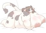  all_fours anthro areola bedding belly big_belly big_breasts big_butt blue_eyes blush bovid bovine breasts brown_body brown_fur butt cattle female full-length_portrait fur glistening hi_res horn huge_breasts looking_at_viewer love_handles lying mammal nipples obese on_front open_mouth overweight portrait radiowave simple_background solo tail_tuft thick_thighs tuft white_body white_fur wide_hips 