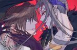  1boy 1girl black_jacket blue_eyes brown_hair chain chain_necklace claws collarbone commentary_request eyeshadow facial_mark final_fantasy final_fantasy_viii fur_jacket grey_hair horns imminent_kiss jacket jewelry jou_(mono) lipstick long_bangs long_hair looking_at_another makeup necklace parted_bangs pointy_ears red_background shirt short_hair squall_leonhart ultimecia upper_body white_shirt yellow_eyes 