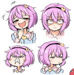  1girl bangs blush clenched_teeth closed_mouth commentary_request expressions hair_ornament headband heart heart_hair_ornament highres komeiji_satori multiple_views open_mouth pink_hair pout shaded_face short_hair simple_background smile solo suwa_yasai teeth third_eye touhou trembling upper_body white_background 