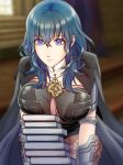  0701mono 1girl armlet armor bangs blue_eyes blue_hair bodice book book_stack breasts brown_pantyhose bustier byleth_(fire_emblem) byleth_(fire_emblem)_(female) coat fire_emblem fire_emblem:_three_houses floral_print hair_between_eyes highres large_breasts legwear_under_shorts looking_down medium_hair pantyhose patterned_legwear print_legwear shorts shoulder_armor solo tassel teacher turtleneck vambraces waist_cape 