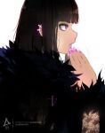  1girl aurahack bangs black_hair blunt_bangs ear_piercing earrings highres jewelry long_hair long_sleeves original piercing profile purple_eyes purple_nails simple_background solo twitter_username upper_body watermark web_address white_background 