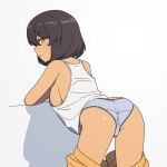  1girl absurdres ass bent_over black_hair breasts girls_und_panzer green_eyes highres hoshino_(girls_und_panzer) large_breasts nipple_slip nipples no_bra onsen_tamago_(hs_egg) open_mouth panties shiny shiny_hair shiny_skin short_hair simple_background solo tank_top underwear white_background white_panties white_tank_top 