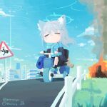  1girl animal_ear_fluff animal_ears bangs blue_archive blue_jacket blue_scarf blue_sky blush building closed_eyes cloud cross_hair_ornament day fence fire grass grey_hair hair_ornament halo highres instagram_username jacket mask mask_removed medium_hair outdoors riding_tricycle road road_sign scarf school_uniform shiroko_(blue_archive) sign sky solo striped striped_scarf tricycle twitter_username whitydragon 