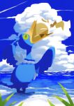  animal_focus beach bird blue_sky blue_theme closed_eyes cloud colored_sclera commentary cramorant day eating from_behind full_body ghostpokemon94 grass green_sclera head_back highres horizon no_humans ocean open_mouth outdoors pikachu pokemon pokemon_(creature) sky standing water 