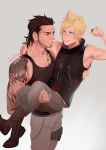  2boys arm_around_neck arm_tattoo artist_name bangs bare_arms beard black_shirt blonde_hair blue_eyes boots brown_eyes brown_footwear brown_hair carrying chest_tattoo clenched_hand facial_hair final_fantasy final_fantasy_xv flexing gladiolus_amicitia grey_background grey_pants hair_slicked_back highres looking_at_another male_focus medium_hair multiple_boys muscular muscular_male open_mouth pants pose princess_carry prompto_argentum rachel_huey shirt short_hair sleeveless sleeveless_shirt sleeveless_turtleneck smile spiked_hair swept_bangs tank_top tattoo turtleneck yaoi 