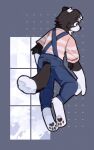  10:16 anthro asnnonaka black_body black_fur blue_bottomwear blue_clothing blue_pants bottomwear canid cheek_tuft clothed clothing elbow_tuft facial_tuft floppy_ears full-length_portrait fur head_tuft hi_res male mammal neck_tuft pants pattern_clothing pattern_topwear pink_clothing pink_topwear portrait rear_view simple_background solo striped_clothing striped_topwear stripes topwear tuft unsigned white_body white_clothing white_fur white_topwear 