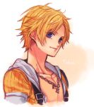  1boy bangs blonde_hair blue_eyes chain_necklace character_name collarbone final_fantasy final_fantasy_x hood hood_down hoodie jewelry looking_at_viewer male_focus nagiyuki_(zintoki) necklace open_clothes open_hoodie parted_bangs portrait short_hair solo tidus upper_body white_background white_hood yellow_hood 