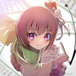  1girl blurry blurry_background blurry_foreground book brown_hair depth_of_field from_above hieda_no_akyuu holding holding_pen looking_at_viewer paper pen shiroi_karasu smile solo touhou window writing 