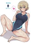  1girl arena_(company) bangs barefoot blonde_hair blue_one-piece_swimsuit braid breasts commentary_request competition_swimsuit darjeeling_(girls_und_panzer) full_body girls_und_panzer highres large_breasts logo looking_at_viewer mordeth one-piece_swimsuit short_hair simple_background solo swimsuit twin_braids wet wet_clothes wet_swimsuit white_background 