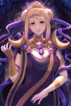  1girl absurdres arm_strap black_dress blonde_hair breasts choker circlet cleavage closed_mouth commission cosplay crossover dress earrings evomanaphy fire_emblem fire_emblem_heroes gem green_eyes hades_(game) hair_ornament henriette_(fire_emblem) highres jewelry lips nyx_(hades) nyx_(hades)_(cosplay) sidelocks skull skull_hair_ornament smile solo twitter_username 