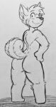  anthro butt canid canine canis domestic_dog fauxtellno1 fox_(housepets!) hand_on_hip hi_res housepets! husky looking_at_viewer looking_back looking_back_at_viewer male mammal monochrome nordic_sled_dog nude smile solo spitz webcomic wide_hips 