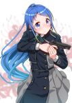  1girl bangs belt blue_belt blue_dress blue_eyes blue_hair blurry blurry_background cosplay dress flower gradient_hair green_neckerchief green_ribbon grey_dress gun handgun inoue_takina inoue_takina_(cosplay) kantai_collection long_hair lycoris_recoil lycoris_uniform m1911 multicolored_hair neck_ribbon neckerchief pleated_dress ribbon samidare_(kancolle) simple_background solo spider_lily swept_bangs two-tone_dress very_long_hair weapon white_background yokoshima_(euphoria) 