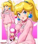  1up 2girls absurdres blonde_hair blue_eyes boots bubble_tea casual earrings heart highres jewelry looking_at_viewer mario_(series) multiple_girls oversized_clothes pearl_earrings pink_sweater pink_thighhighs ponytail princess_peach sarukaiwolf sweater thigh_boots thighhighs toadette 