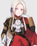  1girl absurdres aiguillette ascot axe cape closed_mouth commentary crossed_legs edelgard_von_hresvelg fire_emblem fire_emblem:_three_houses forehead garreg_mach_monastery_uniform gloves grey_background hair_ribbon highres holding holding_axe holding_weapon long_hair long_sleeves looking_at_viewer pantyhose peach11_01 purple_eyes purple_ribbon red_cape red_pantyhose ribbon simple_background sitting smile solo twitter_username uniform weapon white_ascot white_gloves white_hair 
