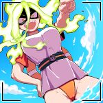  1girl :d alternate_costume boku_no_hero_academia burnin_(boku_no_hero_academia) day domino_mask eye_mask fangs fiery_hair highleg kingbawoon lifebuoy mask open_mouth outdoors outstretched_arm pointing shirt smile solo swimsuit swimsuit_under_clothes water white_shirt 