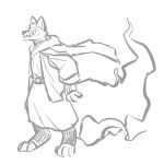  1:1 anthro asnnonaka belt canid clothed clothing digital_media_(artwork) full-length_portrait head_tuft male mammal monochrome mouth_closed narrowed_eyes portrait robe side_view simple_background sketch solo standing tuft unsigned 