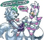  anthro big_breasts breasts dialogue duo female five_nights_at_freddy&#039;s five_nights_at_freddy&#039;s:_security_breach glamrock_chica_(fnaf) glistening glistening_body glistening_skin hi_res huge_breasts meme parasitedeath ring_piercing roxanne_wolf_(fnaf) scottgames tagme traditional_media_(artwork) video_games wide_hips 