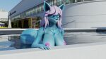  16:9 3d_(artwork) 4k absurd_res anthro areola big_breasts blender_(software) blender_cycles blue_body blue_eyes blue_fur breasts canid canine digital_media_(artwork) female fox fur genitals hair hi_res looking_at_viewer mammal nipples nude pink_areola pink_hair pink_nipples smallking smile solo swimming_pool warfaremachine widescreen 