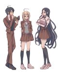  1boy 2girls absurdres ahoge akamatsu_kaede alternate_costume bangs black_hair black_socks black_vest blonde_hair book breasts brown_jacket brown_pants brown_skirt collared_shirt danganronpa_(series) danganronpa_v3:_killing_harmony full_body grey_footwear grey_shirt hair_ornament highres holding holding_book jacket kneehighs large_breasts long_hair looking_back midori_(310ri_21) multiple_girls musical_note musical_note_hair_ornament neck_ribbon necktie open_book open_clothes open_jacket pants pleated_skirt purple_vest red_necktie red_ribbon ribbon saihara_shuuichi shirogane_tsumugi shirt shoes short_hair skirt smile socks standing vest 