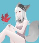  1girl animal_ears arknights beanie blue_background cuo_cuo_yu_lian cup dated ears_through_headwear feet_up fox_ears fox_girl fox_tail frostleaf_(arknights) grey_shirt hat holding holding_cup knees_up leaf long_hair maple_leaf red_eyes shirt simple_background sitting solo strapless strapless_shirt tail thighs white_hair 