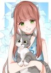  1girl bow cat cross-eyed doki_doki_literature_club green_eyes highres holding hug long_hair monika_(doki_doki_literature_club) smile teeth white_bow yuxine 