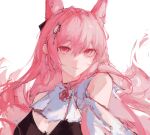  1girl animal_ears arknights ascot bare_shoulders black_bra bra extra_ears hair_between_eyes hair_intakes hair_ornament lch long_hair looking_at_viewer pink_eyes pink_hair pozyomka_(arknights) revision simple_background solo underwear white_ascot white_background wolf_ears wolf_girl 