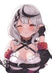  1girl absurdres beltbra black_collar braid breast_hold breasts cleavage collar ear_piercing elroud0050 fingerless_gloves gloves grey_hair highres hololive incoming_kiss large_breasts one_eye_closed piercing puckered_lips red_nails sakamata_chloe virtual_youtuber white_background 