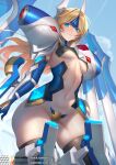  1girl blazblue blonde_hair blue_eyes breasts brick_(atelier_brick) crotch_plate elbow_gloves forehead_protector gloves headgear long_hair looking_at_viewer mecha_musume mu-12 navel noel_vermillion revealing_clothes sidelocks skindentation small_breasts solo underboob 