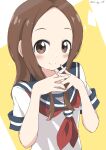  1girl absurdres blue_sailor_collar blush brown_eyes brown_hair closed_mouth commentary cynical_(llcbluckg_c004) hands_up highres interlocked_fingers karakai_jouzu_no_takagi-san long_hair looking_at_viewer neckerchief red_neckerchief sailor_collar school_uniform short_sleeves smile solo takagi-san twitter_username two-tone_background upper_body white_background yellow_background 