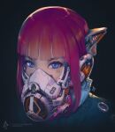  1girl aurahack bangs black_background blue_eyes blunt_bangs cyberpunk eyelashes eyeshadow facial_mark high_collar highres looking_at_viewer makeup mask mechanical_ears mouth_mask original patreon_username pink_hair portrait science_fiction sidelocks simple_background solo watermark web_address 