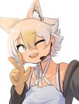  1girl bare_shoulders black_jacket blonde_hair blush choker coyote_(kemono_friends) coyote_ears coyote_girl extra_ears gloves hair_between_eyes highres jacket kemono_friends kemono_friends_v_project mcgunngu microphone multicolored_hair one_eye_closed open_clothes open_jacket shirt short_hair smile solo spaghetti_strap v white_choker white_hair white_shirt yellow_eyes yellow_gloves 