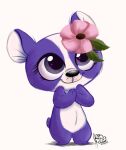  2014 anthro black_nose countershading digital_media_(artwork) eyelashes female fingers flower fur giant_panda hasbro jessiedrawz littlest_pet_shop mammal multicolored_body multicolored_fur penny_ling plant purple_body purple_eyes purple_fur signature small_tail smile solo standing two_tone_body two_tone_fur ursid white_body white_fur white_inner_ear 