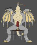  &lt;3 absurd_res anthro bdsm blizzard_entertainment claws dracthyr dragon embarrassed erection exhaling_smoke genitals hi_res horn knot male penis restraints scalie sitting solo spreader_bar tevsu text video_games warcraft western_dragon whining wings 