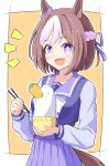  1girl absurdres animal_ears border bow bowl brown_hair carrot chopsticks ear_bow food food_on_face highres holding holding_bowl holding_chopsticks horse_ears horse_girl horse_tail looking_at_viewer multicolored_hair open_mouth orange_background pleated_skirt purple_bow purple_eyes purple_serafuku purple_skirt rice rice_on_face school_uniform serafuku short_hair skirt smile solo special_week_(umamusume) streaked_hair tail toushirou_(sugarwhite1046) tracen_school_uniform two-tone_background umamusume white_border white_bow 