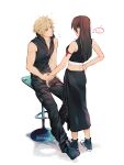  1boy 1girl apron arm_ribbon bare_arms bare_shoulders black_hair blonde_hair blue_eyes blush breasts brown_hair chair cloud_strife couple crop_top earrings final_fantasy final_fantasy_vii final_fantasy_vii_advent_children full_body hand_grab hand_on_hip high_collar highres jewelry long_hair looking_at_another maiii_(smaii_i) open_mouth ribbon simple_background sitting sleeveless spiked_hair standing tifa_lockhart waist_apron 