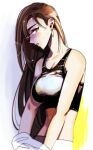  1girl bare_shoulders blush breasts brown_hair earrings eyelashes final_fantasy final_fantasy_vii final_fantasy_vii_remake highres jewelry large_breasts long_hair looking_at_viewer maruga midriff red_eyes solo sports_bra sweat tifa_lockhart undressing upper_body 