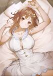  atelier_(series) atelier_ryza atelier_ryza_3 bangs breasts brown_eyes brown_hair cleavage clover_hair_ornament dress expressionless hair_ornament hairclip head_tilt highres large_breasts looking_at_viewer lying non-web_source official_art on_back on_bed photoshop_(medium) pill reisalin_stout short_hair strap_slip toridamono white_dress x_hair_ornament 