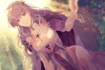  1girl cloak deirdre_(fire_emblem) dress fire_emblem fire_emblem_heroes flower jewelry kabitakamaboko leaf long_hair looking_at_viewer necklace purple_cloak purple_dress purple_eyes purple_hair smile sunlight wavy_hair white_flower 