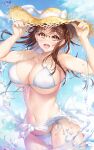  1girl :d bangs bikini blue_sky breasts brown_eyes brown_hair cameltoe cleavage cloud collarbone commentary_request day glasses hat hat_ribbon highres hoshina_tomoko hozumi_kaoru large_breasts long_hair looking_at_viewer open_mouth outdoors ribbon sarong side-tie_bikini_bottom sidelocks sky smile solo stomach straw_hat sun_hat swimsuit teeth thighs to_heart underboob upper_teeth wading water_drop watermark white_bikini 