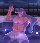 2020 5_fingers absurd_res alligator alligatorid animal_crossing anthro black_markings bottomwear clothed clothing crocodilian del_(animal_crossing) digital_media_(artwork) eye_markings eyes_closed fingers gesture green_body green_scales happy hi_res hot_tub male markings muscular muscular_anthro muscular_male navel night nintendo nipples non-mammal_nipples outside partially_submerged pecs reptile scales scalie sharp_teeth shorts signature sitting sky solo spread_legs spreading tan_body tan_scales teeth topless topless_anthro topless_male video_games water waving wet wet_body wet_scales white_bottomwear white_clothing white_shorts xeoniios 