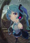  1girl bare_shoulders blue_eyes blue_hair blush detached_sleeves hatsune_miku headset highres looking_at_viewer mont_blanca necktie outdoors pleated_skirt skirt solo symbol-shaped_pupils twintails vocaloid 