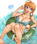  1girl ahoge amania_orz bangs barefoot bikini blue_eyes breasts cherry cleavage copyright_request food fruit highres ice_cream innertube large_breasts looking_at_viewer open_mouth orange_(fruit) orange_slice pineapple pineapple_slice solo spoon swimsuit twitter_username water 