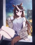  1girl alternate_costume animal_ears bangs blurry blurry_background blush breasts brown_hair cardigan closed_mouth crossed_legs cup dolphin_shorts feet_out_of_frame hand_up holding holding_cup horse_ears horse_girl horse_tail long_hair looking_at_viewer mauve medium_breasts multicolored_hair off_shoulder red_eyes shirt short_sleeves shorts sitting smile solo streaked_hair symboli_rudolf_(umamusume) tail umamusume white_shirt 