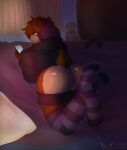  anthro backsack balls big_butt bottomwear bottomwear_down brown_bear butt clothed clothing countershading english_text genitals girly grizzly_bear gutmixer hi_res kia_(kiaayo) legwear looking_at_viewer male mammal pants pants_down partially_clothed profanity solo text thigh_highs ursid ursine 
